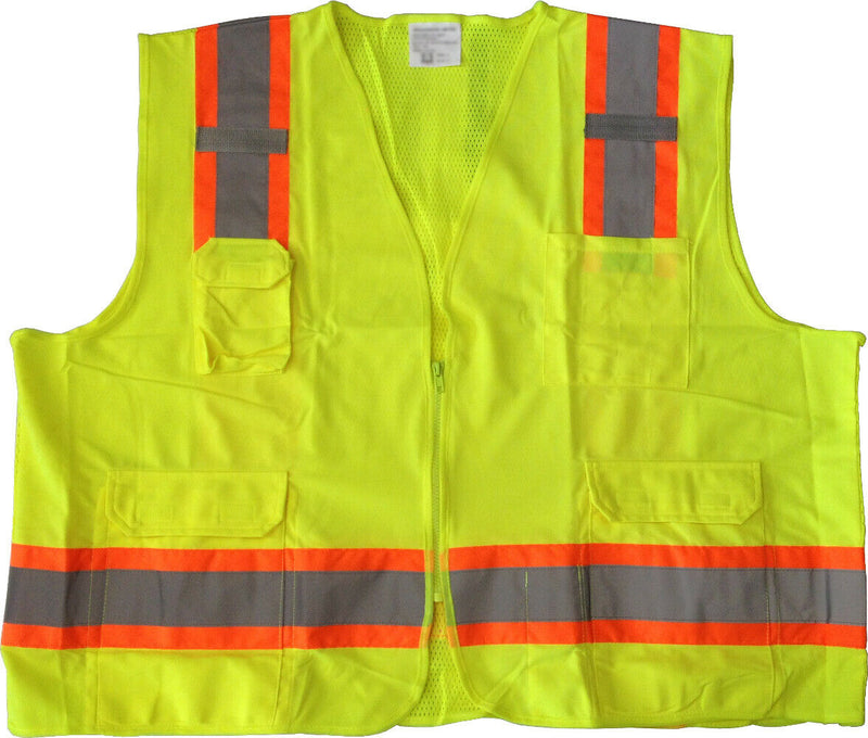 High Visibility Reflective Lime Surveyors Vest with Zipper & 7 Pockets