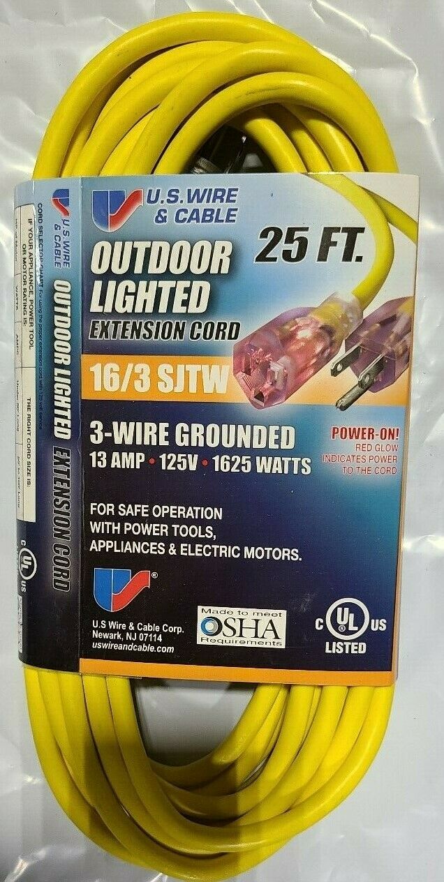 US Wire Outdoor Lighted Ends Extension Cord, 25Ft 125V, SJTW, UL, 16/3