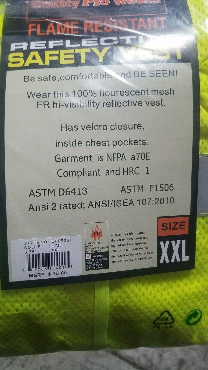 Utility Pro Wear Hi-Viz 100% Flame Resistant Class 2 Reflective Safety Vest 2XL